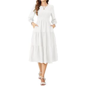 Women's Long Sleeve Casual Dresses Smocked Dress Round Neck High Waist Ruffle Tiered Midi Long Sleeve Dresses
