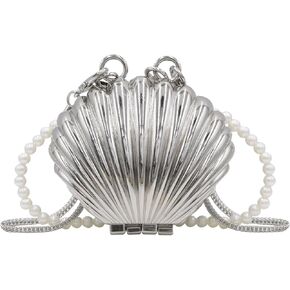 Suillty Women Girls Metal Shell Mini Lipstick Shoulder Bags Fashion Pearl Chain Crossbody Bag Purse Handbags
