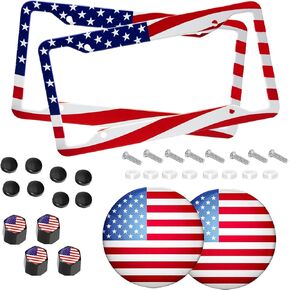 American Flag License Plate Frame 2 Pack Bling License Plate Holder Aluminum Metal USA Flag License Plate Cover Automotive Universal License Plate Protector Car Number Plate Frames Se