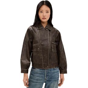 MOON RIVER Women's Neck Collar Faux Leather Jacket
