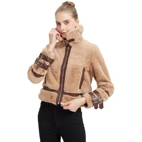 GRAN ORIENTE Womens Winter Faux Mink Fur Fleece Zip up Moto Jacket,Cropped Fuzzy Sherpa Coats Warm Leather Outerwear