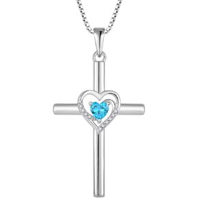 Cross Necklace for Women 925 Sterling Silver Heart Birthstone Pendant Necklace Crucifix Religious Gemstone Jewelry Gift for Women Her Mom Wife Daughter