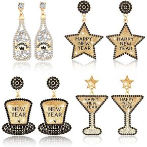 4 Pairs Sparkly New Years Earring for Women,New Years Eve Earrings Glitter Rhinestone Stud Earrings Beaded Champagne Bottle Drop Dangle Earrings Set for Party Earrings Holiday