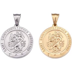 Mystart 2 Pieces Stainless Steel 25mm Saint Christopher Religious Medal Round Tag Necklace Pendants Charms