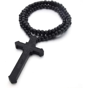 Cross Necklace Wooden For Men Engraved Jesus Pendant Big Crucifix Cross Wood Rosary Beads Chain Necklace For Women Religious Christianity Wall Decoration Jewelry