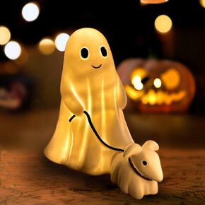 Ghost Walking Dog Statue Light- Warm Lighted Halloween Ghost Dog Statue Ghost with Dog Night Light Cute Ghost and Dog Party Decorations for Halloween Home Bedroom Decors Table Centerpiece (Girl)