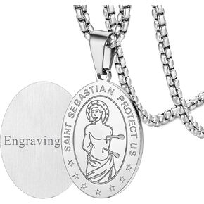 FaithHeart Saint Sebastian Necklace, Stainless Steel Patron Saint of Athletes, Christian Protective Medallion for Baseball Football Basketball Sports with 24 Inch Chain