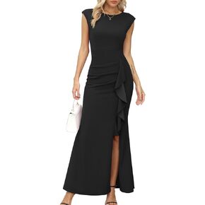 Missufe Women's Cap Sleeve Round Neck Ruffle Split Bodycon Mermaid Hem Evening Cocktail Long Dress