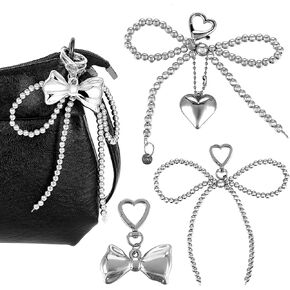 3 Pack Silver Bow Keychain Charms, Kawaii Bow Bag Charm, Y2K Charm Keychain Accessories Kawaii Backpack Pearl Bow Flying Design Bag Charm Beaded Bow Mobile Phone Pendant