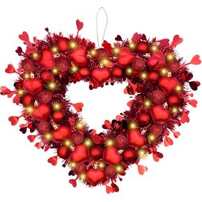 15 Inch Valentines Heart Wreaths for Front Door Original Design Red Tinsel Heart Shaped Roses Ornament Wreaths Decorations with LED Lights for Front Door Window Wall for Home Wedding （Rose）