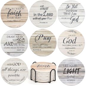 Billbotk Ceramic Coasters with Bible Verses, Christian Coasters Set of 8 with Holder, Absorbent Drink Coasters for Christian Gifts and Home Decor, 4 Inches