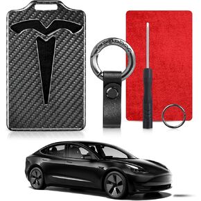 Key Card Holder Compatible with Tesla Model Y Key Card Holder Fits for Model 3, Real Glass Fiber Card Key Protection Case with Leather Key Chain(Silver Black)