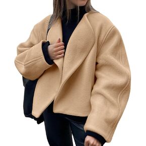 Tankaneo Womens Oversized Cropped Pea Coat Lapel Open Front Jacket Winter Short Outerwear
