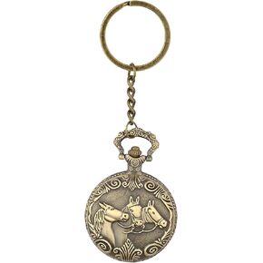 AUGEN Metal Keychain For Men And Women, Round Key Ring Holder Organizer With Vintage Classic Pocket Stopwatch (Horses Design, Pack of 1)