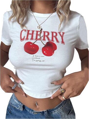 تي شيرت نسائي Y2K Cherry برقبة دائرية وأكمام قصيرة ومناسب للصيف in Saudi Arabia