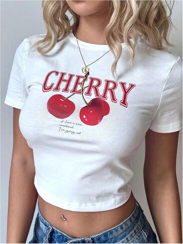 تي شيرت نسائي Y2K Cherry برقبة دائرية وأكمام قصيرة ومناسب للصيف in Saudi Arabia