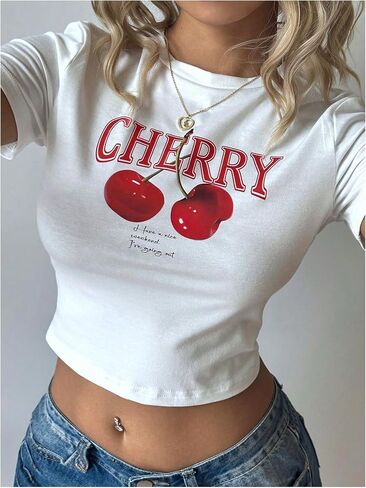 تي شيرت نسائي Y2K Cherry برقبة دائرية وأكمام قصيرة ومناسب للصيف in Saudi Arabia