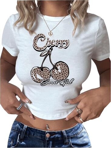تي شيرت نسائي Y2K Cherry برقبة دائرية وأكمام قصيرة ومناسب للصيف in Saudi Arabia