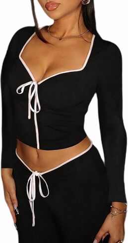 Womens Sexy Long Sleeve Bow Square Neck Baby Tees Contrast Trim Basic Crop Tops in Saudi Arabia