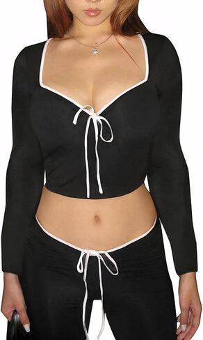 Womens Sexy Long Sleeve Bow Square Neck Baby Tees Contrast Trim Basic Crop Tops in Saudi Arabia