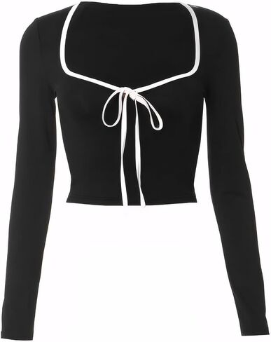 Womens Sexy Long Sleeve Bow Square Neck Baby Tees Contrast Trim Basic Crop Tops in Saudi Arabia