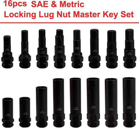 Lug Nut Key Set, 16 Pieces Locking Lug Master Key Set, Cr-Mo Steel, SAE & Metric Wheel Lock Removal Kit for Removing Locking Spline Star Hex and Fluted Hex Lug Nuts, Lug Nut Remover Set for Mechanics in Saudi Arabia