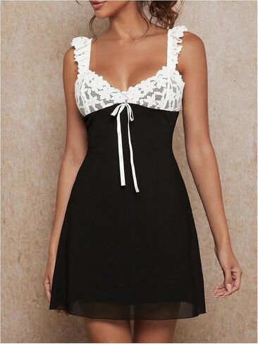 Floerns Women's Elegant Contrast Lace Ruffle Straps Tie Front Flare Hem Cami Dress in Saudi Arabia