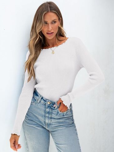 Women's Long Sleeve Knit Sweaters Lettuce Trim Scoop Neck Fitted Pullover Tops Ribbed Basic Casual Shirts in Saudi Arabia