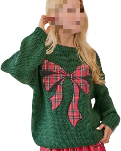 Women's Christmas Color Blocked Bow Sweater Pullover Knitted top, Casual Loose Pullover Sweater (Green,L,Large) in Saudi Arabia
