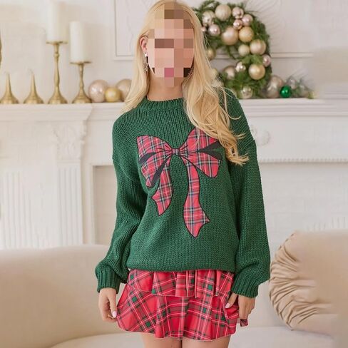 Women's Christmas Color Blocked Bow Sweater Pullover Knitted top, Casual Loose Pullover Sweater (Green,L,Large) in Saudi Arabia