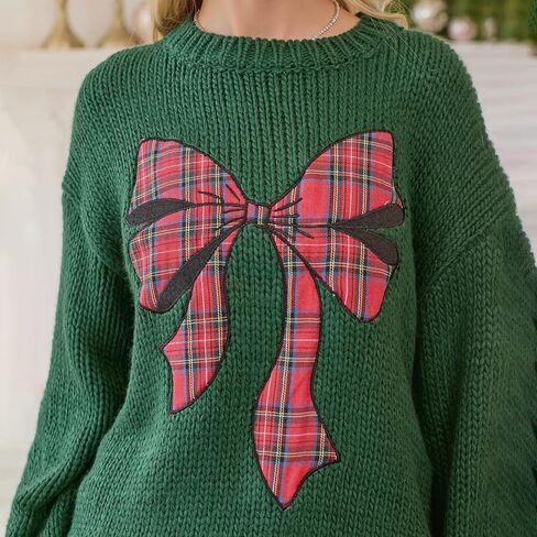Women's Christmas Color Blocked Bow Sweater Pullover Knitted top, Casual Loose Pullover Sweater (Green,L,Large) in Saudi Arabia