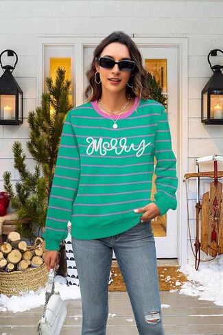 سترات عيد ميلاد سعيد للنساء سترة مخططة ملونة لعيد الميلاد بلوفر محبوك غير رسمي سويت شيرت علوي in Kuwait