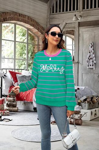 سترات عيد ميلاد سعيد للنساء سترة مخططة ملونة لعيد الميلاد بلوفر محبوك غير رسمي سويت شيرت علوي in Kuwait