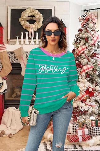 سترات عيد ميلاد سعيد للنساء سترة مخططة ملونة لعيد الميلاد بلوفر محبوك غير رسمي سويت شيرت علوي in Kuwait