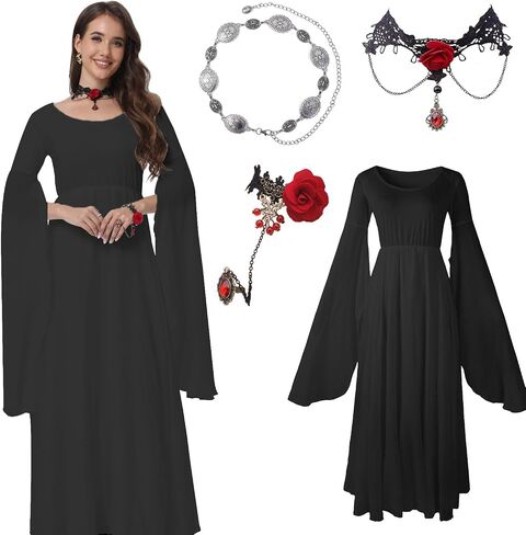 PYAEAS 4 PCS Women Medieval Witch Gothic Long Dress Halloween Vampire Renaissance Costume with Belt Chain Bracelets Necklaces in Saudi Arabia