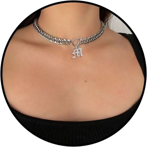 Chunky Old English Initial Choker Necklaces for Women Retro Letter Charm Curb Chain Statement Necklace for Men Unisex 15" in Kuwait