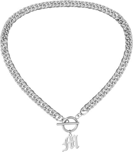 Chunky Old English Initial Choker Necklaces for Women Retro Letter Charm Curb Chain Statement Necklace for Men Unisex 15" in Kuwait