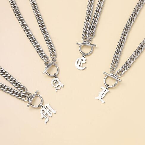 Chunky Old English Initial Choker Necklaces for Women Retro Letter Charm Curb Chain Statement Necklace for Men Unisex 15" in Kuwait