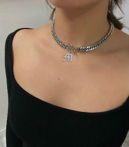 Chunky Old English Initial Choker Necklaces for Women Retro Letter Charm Curb Chain Statement Necklace for Men Unisex 15" in Kuwait