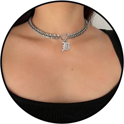 Chunky Old English Initial Choker Necklaces for Women Retro Letter Charm Curb Chain Statement Necklace for Men Unisex 15" in Kuwait