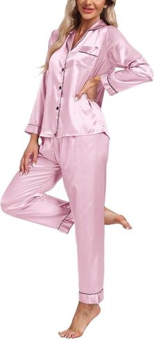 Women's Satin Pajamas Set 2 Piece Pj Set Sleepwear Notch Collar Long Sleeve T-Shirt Button-Down Loungewear with Long Pants in Kuwait