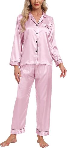 Women's Satin Pajamas Set 2 Piece Pj Set Sleepwear Notch Collar Long Sleeve T-Shirt Button-Down Loungewear with Long Pants in Kuwait