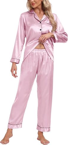 Women's Satin Pajamas Set 2 Piece Pj Set Sleepwear Notch Collar Long Sleeve T-Shirt Button-Down Loungewear with Long Pants in Kuwait