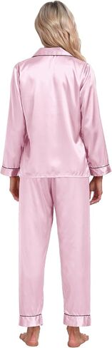 Women's Satin Pajamas Set 2 Piece Pj Set Sleepwear Notch Collar Long Sleeve T-Shirt Button-Down Loungewear with Long Pants in Kuwait