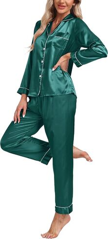 Women's Satin Pajamas Set 2 Piece Pj Set Sleepwear Notch Collar Long Sleeve T-Shirt Button-Down Loungewear with Long Pants in Kuwait