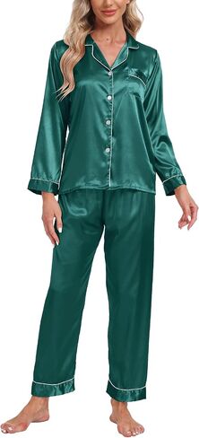 Women's Satin Pajamas Set 2 Piece Pj Set Sleepwear Notch Collar Long Sleeve T-Shirt Button-Down Loungewear with Long Pants in Kuwait