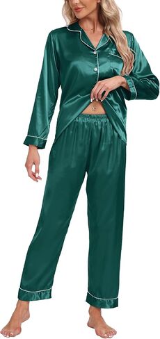 Women's Satin Pajamas Set 2 Piece Pj Set Sleepwear Notch Collar Long Sleeve T-Shirt Button-Down Loungewear with Long Pants in Kuwait