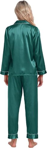 Women's Satin Pajamas Set 2 Piece Pj Set Sleepwear Notch Collar Long Sleeve T-Shirt Button-Down Loungewear with Long Pants in Kuwait