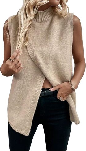 GORGLITTER Women's Turtleneck Sweater Tank Top Sleeveless Split Wrap Long Sweater Vest in Saudi Arabia