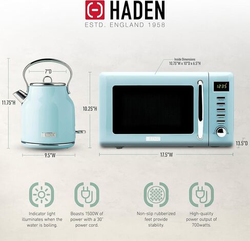 فرن ميكروويف Haden Heritage Vintage مع غلاية شاي كهربائية Heritage Retro، عاجي وستانلس ستيل، 700 وات، 1.7 لتر، مجموعة مطبخ in Kuwait